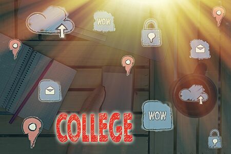 Writing note showing College. Business concept for educational institution or establishment providing higher educationの写真素材