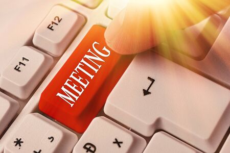 Word writing text Meeting. Business photo showcasing assembly of showing for a particular purpose or...