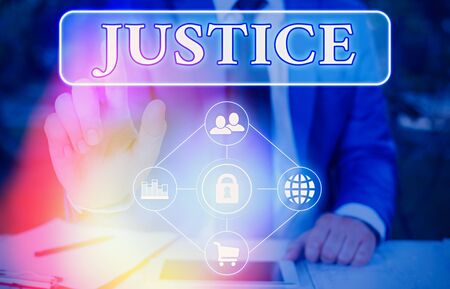 Text sign showing Justice. Business photo showcasing Quality of being just impartial or fair Administration of law rulesの写真素材