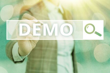 Word writing text Demo. Business photo showcasing Demonstration of a product techniques and capabilities Public meetingの写真素材