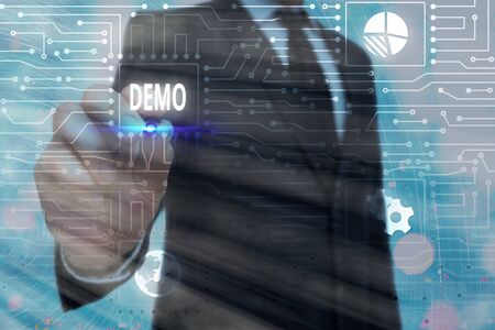 Word writing text Demo. Business photo showcasing Demonstration of a product techniques and capabilities Public meetingの写真素材