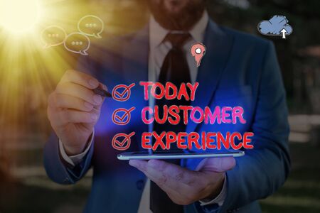 Word writing text Customer Experience. Business photo showcasing Interaction between Satisfied Customer and Organizationの写真素材