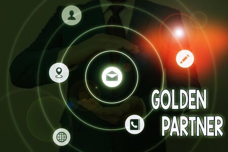 Conceptual hand writing showing Golden Partner. Concept meaning all work honestly and for a common purpose and target goalsの写真素材