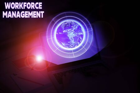 Conceptual hand writing showing Workforce Management. Concept meaning use to optimize the productivity of its employeesの写真素材