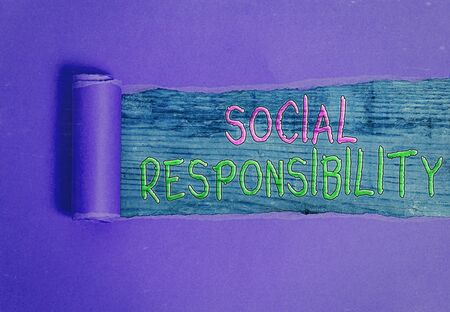 Conceptual hand writing showing Social Responsibility. Concept meaning Obligation for the Benefit of Society Balance in lifeの写真素材