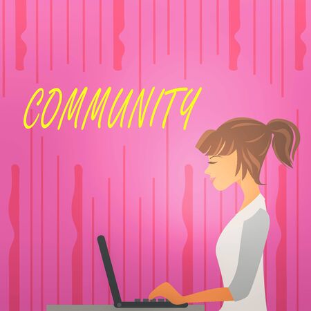 Text sign showing Community. Business photo text group of showing with a common characteristics living together photo of Young Busy Woman Sitting Side View and Working on her Laptopの写真素材