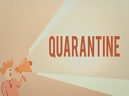 Writing note showing Quarantine. Business concept for restraint upon activities of individuals or transport of goods Man Talking Holding Megaphone Extended Volume Pitch Powerの写真素材