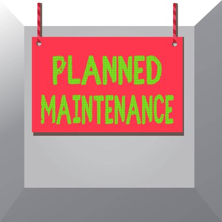 Conceptual hand writing showing Planned Maintenance. Concept meaning Check ups to be done Scheduled on a Regular Basis Wooden board wood empty frame fixed colorful striped stringの写真素材