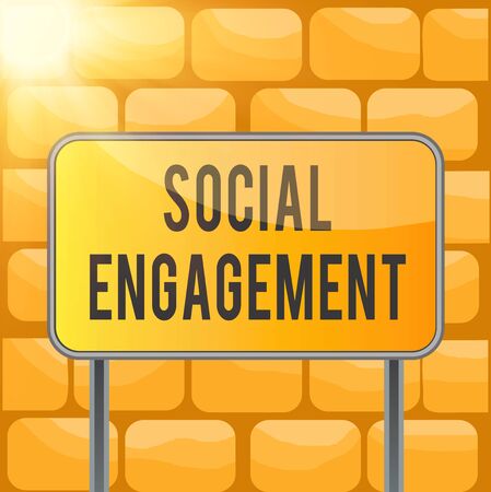 Handwriting text writing Social Engagement. Conceptual photo Degree of engagement in an online community or society Board ground metallic pole empty panel plank colorful backgound attachedの写真素材