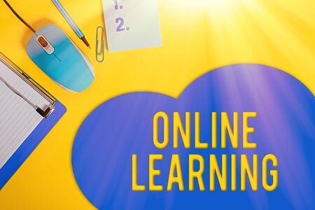 Word writing text Online Learning. Business photo showcasing Larning with the assistance of the...