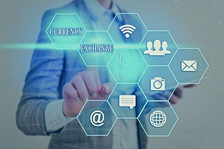 Word writing text Currency Exchange. Business photo showcasing Process of changing one currency into another ForExの写真素材