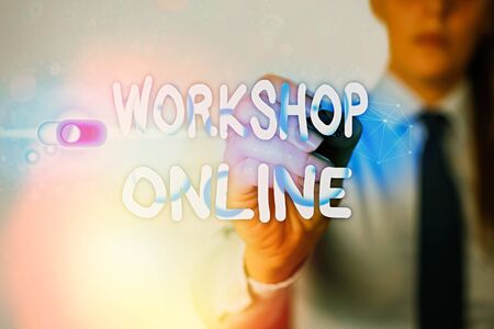 Writing note showing Workshop Online. Business concept for room or building in which goods are manufactured repaired