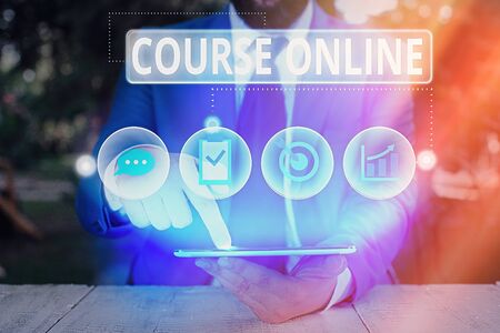 Conceptual hand writing showing Course Online. Concept meaning eLearning Electronic Education Distant Study Digital Classの写真素材