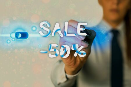 Writing note showing Sale 50 Percent. Business concept for A promo price of an item at 50 percent markdownの写真素材