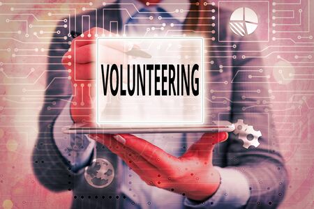 Text sign showing Volunteering. Business photo text Provide services for no financial gain Willingly Obligeの写真素材
