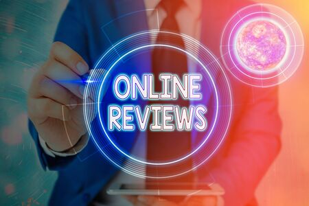 Conceptual hand writing showing Online Reviews. Concept meaning Product evaluation Customer feedback publish in the websiteの写真素材