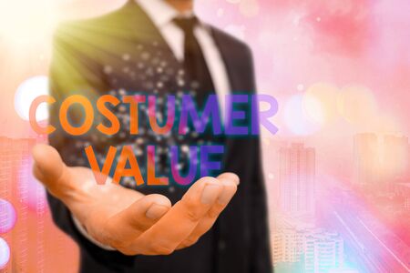 Conceptual hand writing showing Costumer Value. Concept meaning Amount of benefits which clients get from purchasing productsの写真素材