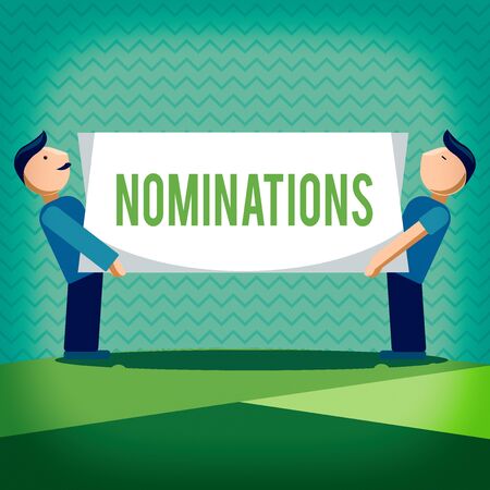Text sign showing Nominations. Business photo text action of nominating or state being nominated for prize Two Men Standing Carrying Rectangular Blank Panel Board on Both Sidesの写真素材