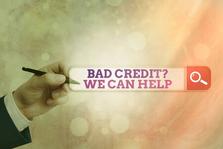 Conceptual hand writing showing Bad Credit Question We Can Help. Concept meaning offering help after going for loan then rejectedの写真素材