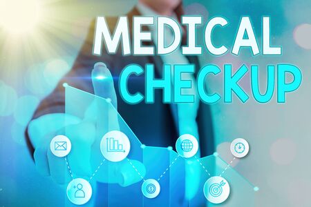 Conceptual hand writing showing Medical Checkup. Concept meaning thorough physical examination includes variety of testsの写真素材