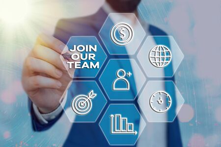 Conceptual hand writing showing Join Our Team. Concept meaning inviting someone to join in your local group or companyの写真素材