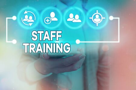 Text sign showing Staff Training. Business photo showcasing program that helps employees learn specific knowledgeの写真素材
