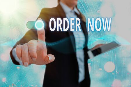 Conceptual hand writing showing Order Now. Concept meaning the activity of asking for goods or services from a companyの写真素材