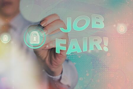 Conceptual hand writing showing Job Fair. Concept meaning event where employers offer information about their companiesの写真素材