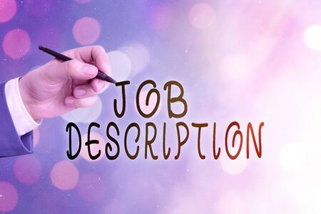 Conceptual hand writing showing Job Description. Concept meaning a formal account of an employee s is responsibilitiesの写真素材