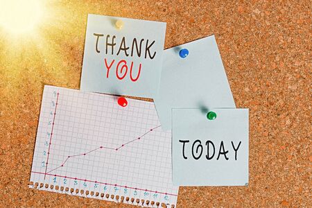 Word writing text Thank You. Business photo showcasing a polite expression used when acknowledging a gift or service Corkboard color size paper pin thumbtack tack sheet billboard notice boardの写真素材