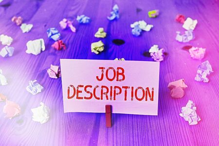 Handwriting text Job Description. Conceptual photo a formal account of an employee s is responsibilitiesの写真素材