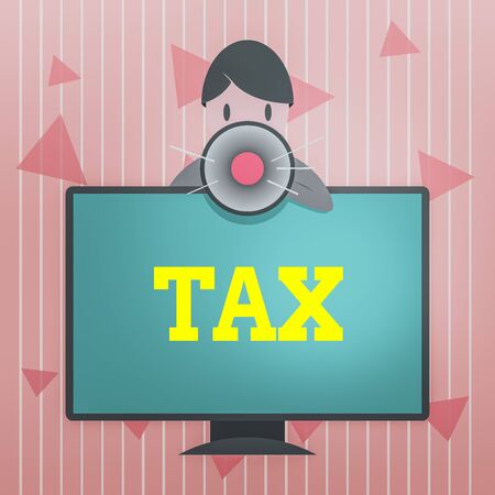 Handwriting text Tax. Conceptual photo compulsory financial charge imposed upon taxpayer by government Man Standing Behind mounted PC Monitor Screen Talking and Holding Megaphoneの写真素材