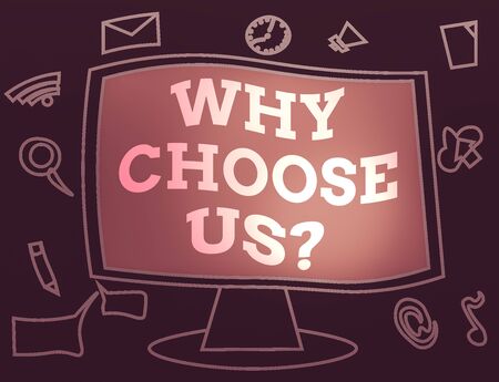 Text sign showing Why Choose Us Question. Business photo showcasing Reasons for selecting our brand over other arguments Web Application Software icons Surrounding Blank Mounted Computer Monitorの写真素材