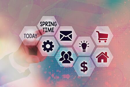 Conceptual hand writing showing Spring Time. Concept meaning temperate season of the year identified by a revival of plantsの写真素材