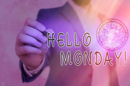 Writing note showing Hello Monday. Business concept for Good morning greeting for the inspiring first day of workの写真素材