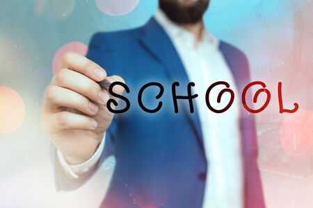 Handwriting text School. Conceptual photo designed to provide learning spaces and learning environmentsの写真素材