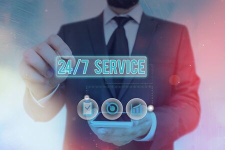 Word writing text 24 Or7 Service. Business photo showcasing providing an assistance that is...