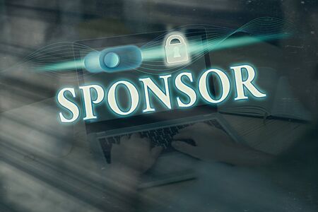 Writing note showing Sponsor. Business concept for provide funds for special events in exchange for advertisingの写真素材
