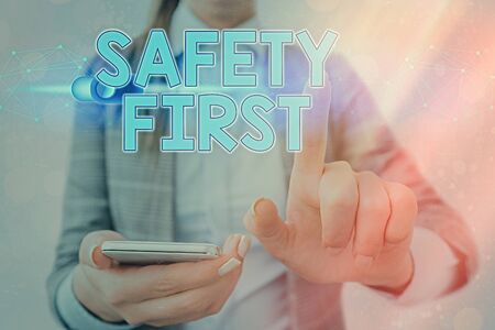 Word writing text Safety First. Business photo showcasing used to say that the most important thing...
