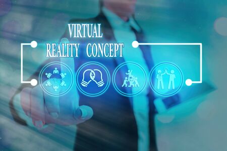 Conceptual hand writing showing Virtual Reality Concept. Concept meaning 3d futuristic artificial environment using a digital screenの写真素材