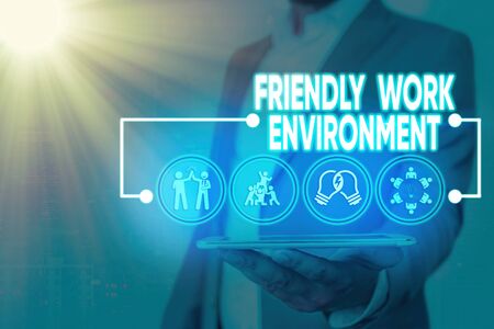 Handwriting text Friendly Work Environment. Conceptual photo future city smart, modern, highrise buildings environmentの写真素材