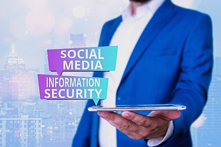 Text sign showing Social Media Information Security. Business photo showcasing careful in using...