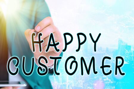 Word writing text Happy Customer. Business photo showcasing highest satisfaction rate with the commodity they boughtの写真素材