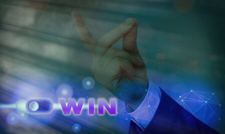 Text sign showing Win. Business photo showcasing achieving victory in a fight contest game to get something by effortの写真素材