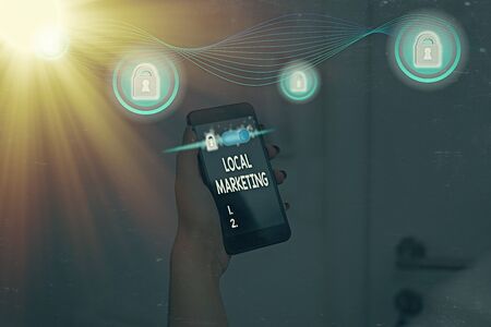 Word writing text Local Marketing. Business photo showcasing targeting audience located in a...