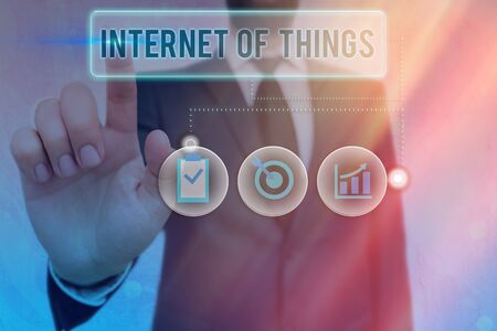Writing note showing Internet Of Things. Business concept for network connections innovative manufacturing and smart industryの写真素材