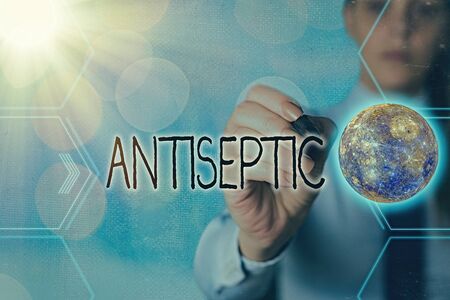 Handwriting text writing Antiseptic. Conceptual photo antimicrobial agents that delays or completely eliminate the microorganism Futuristic icons solar system.の写真素材
