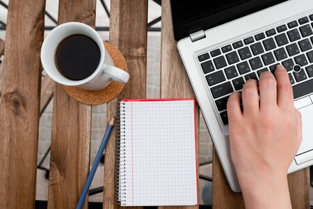 Personal Workplace Overview With Laptop Device Used For Individual Interestの写真素材