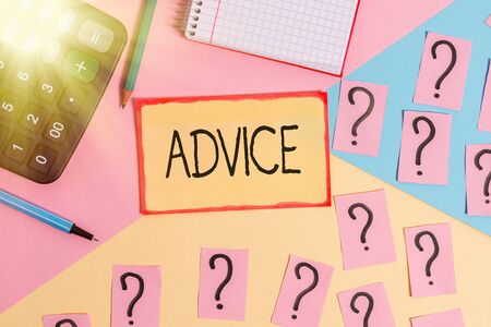Text sign showing Advice. Business photo text recommendation is given regarding a decision or course of conduct Mathematics stuff and writing equipment above pastel colours backgroundの写真素材
