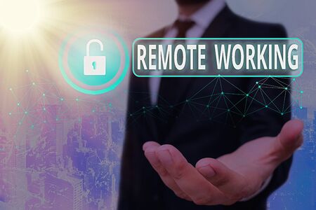 Text sign showing Remote Working. Business photo showcasing style that allows professionals to work outside of an office Graphics padlock for web data information security application systemの写真素材